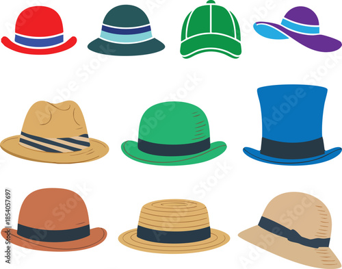 Classic Hat Collection Illustration, Colorful Vintage Headwear Icons Set
