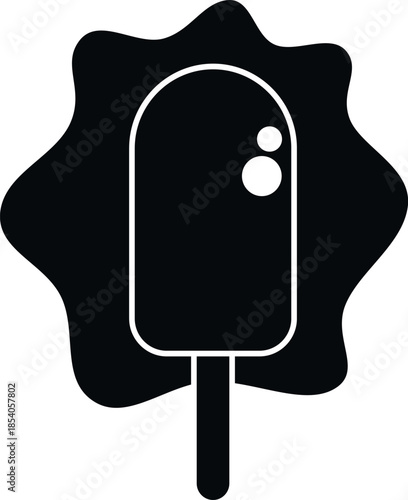 Popsicle on a stick with a splash effect behind it, presented in black and white icon style