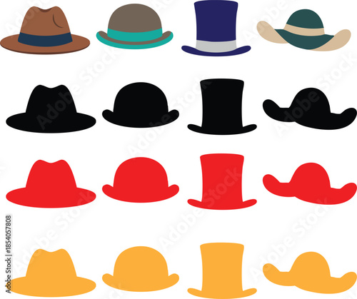 Classic Hat Silhouette Icon Set Illustration, Vintage Headwear Collection Design