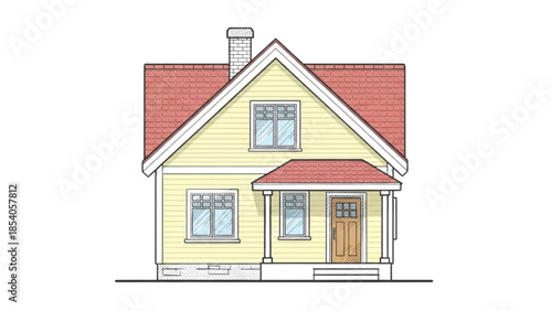 Illustration of a yellow house with a red roof and a small porch