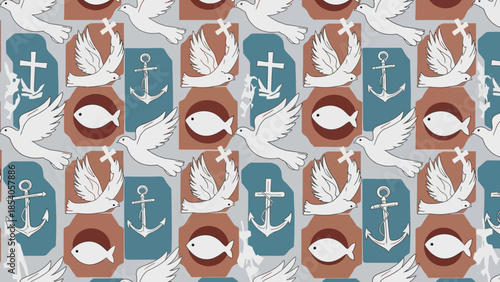 Vibrant religious pattern with doves, crosses, anchors, and fish