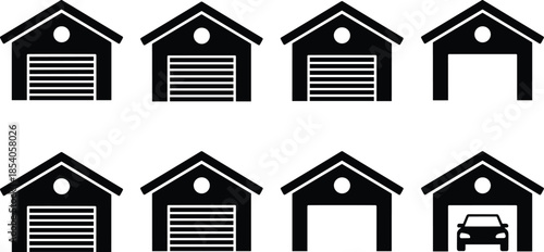 Garage icons set showing closed open empty and car filled garages black silhouette vector illustration for parking storage concept design