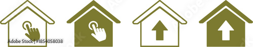 Home interface icon set, touch gesture symbol, upload arrow graphic, UI navigation elements, olive green design, digital interaction concept