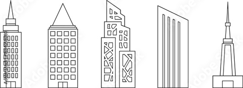 Minimal city skyline line art illustration of modern skyscrapers architecture icons for urban real estate design branding vector outline set