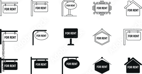 Rental signage icons, for rent signs, property marketing graphics, real estate symbols, leasing visuals, outline and filled styles, vector set