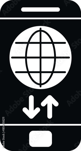 Smartphone displaying a global network with data upload and download arrows