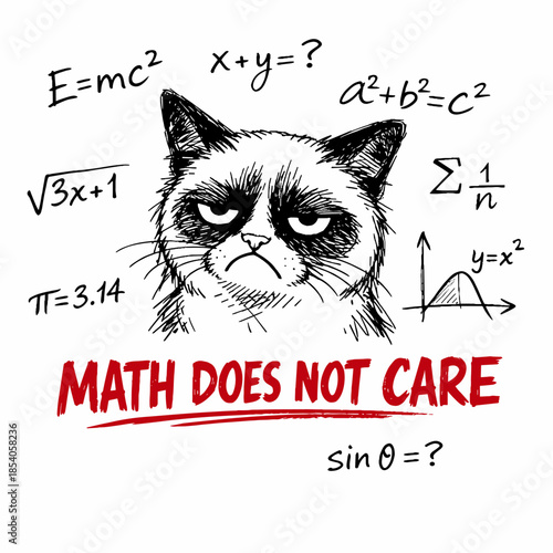 A white cat with an eternally dissatisfied, gloomy expression on its face, drawn in a realistic sketch style. Various mathematical formulas and expressions are scattered around the cat's head.