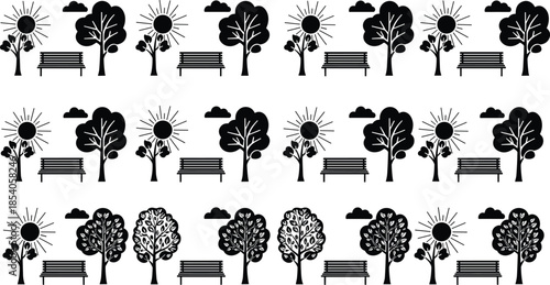 Seamless park pattern with trees benches sunshine clouds nature icons repeating background vector illustration for outdoor landscape design concept decor