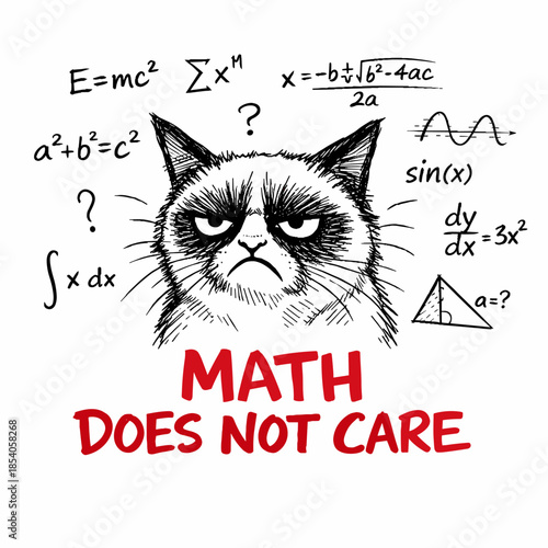 A meme featuring Grumpy Cat. The grumpy cat is surrounded by various mathematical formulas. Mathematics is cold, ruthless, and doesn't care about your feelings or tears.
