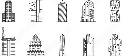 Skyscraper icons, modern architecture, urban skyline, building silhouettes, cityscape design, architectural elements, high-rise structures, minimal style, vector illustration