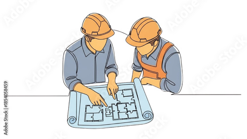 Two workers reviewing architectural plans together on a table