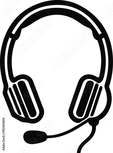 Bold black line art illustration of call center headset, white background, service support icon 2