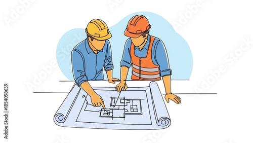 Two construction workers reviewing architectural plans on a large blueprint together