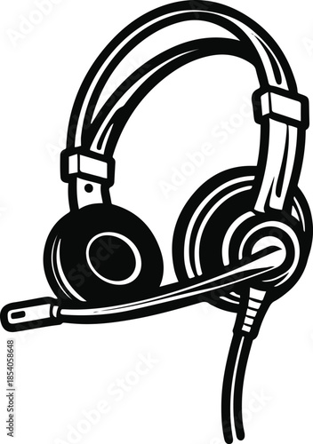 Bold black line art illustration of call center headset, white background, service support icon