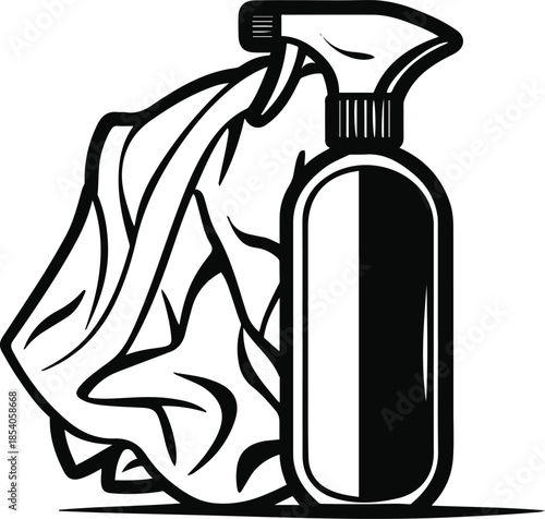Bold black line art illustration of cleaning spray bottle with cloth, white background, thick clean outlines, flat minimal style, no shading, vector-ready 2