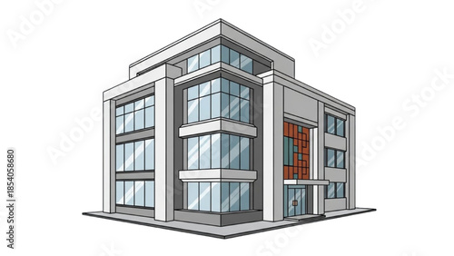 Modern office building with sleek glass facade and vibrant red entrance door, viewed from a low angle, showcasing architecture and urban design