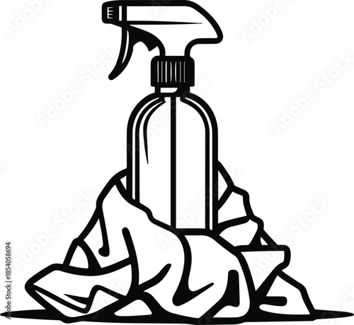 Bold black line art illustration of cleaning spray bottle with cloth, white background, thick clean outlines, flat minimal style, no shading, vector-ready 1