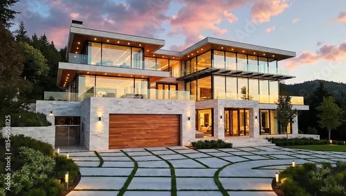 Luxurious modern mansion exterior at dusk with dramatic lighting and unique driveway design