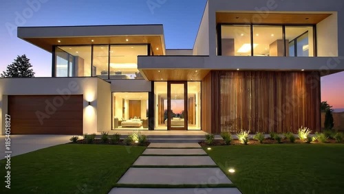 Modern luxury house exterior at twilight with illuminated interior and manicured lawn