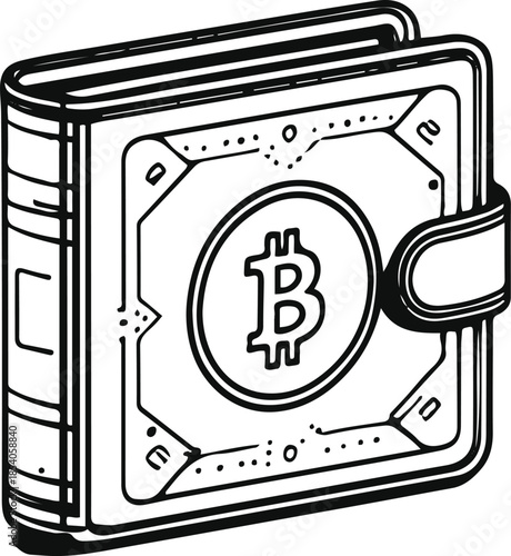 Bold black line art illustration of digital wallet with coin symbol, white background, crypto finance concept