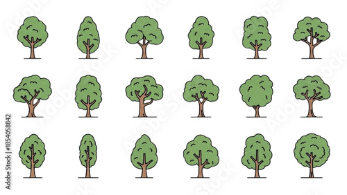 A grid of 16 cartoon trees with green leaves on a white background viewed from directly above.