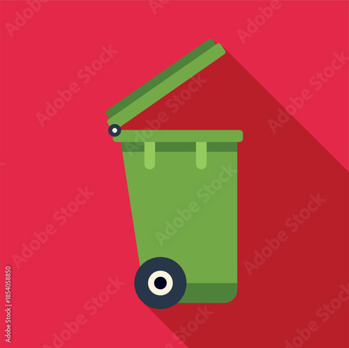 Green recycling bin on wheels with a lid open, casting a long shadow