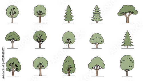 Collection of various tree illustrations displayed against a plain white background from a straightforward viewpoint
