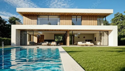 Contemporary luxury home with large glass windows overlooking a swimming pool and green lawn on a sunny day