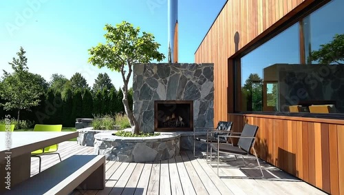 Outdoor living area with modern stone fireplace, wooden deck, and concrete seating next to a contemporary house