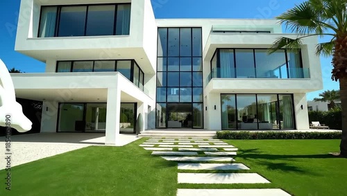 Stunning white modern luxury mansion exterior with large glass windows, geometric design, and a white antelope sculpture on a sunny day