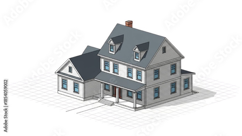 Isometric illustration of a modern two-story house with a gray roof and white walls, featuring blue windows and a red front door
