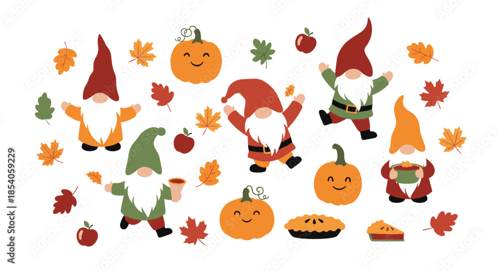 Obraz premium Autumn collection features cute gnomes pumpkins apples colorful maple leaves and a delicious pumpkin pie on white.