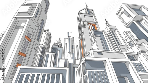 Futuristic cityscape with sleek skyscrapers and modern architecture viewed from a low angle