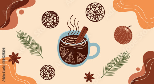 Warm mug of mulled wine with a cinnamon stick sits among winter elements like pine needles and star anise on an orange background.