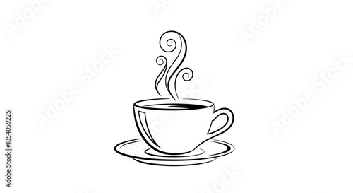 Elegant black and white line drawing of a steaming cup of hot coffee or tea on a saucer with decorative swirling steam.