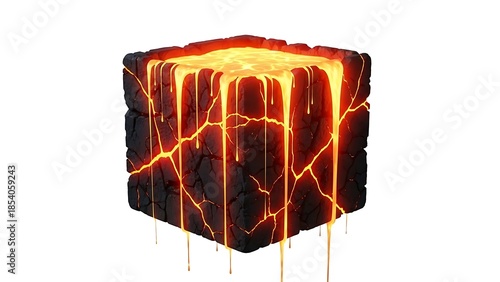 Molten lava cube with glowing orange cracks and drips on isolated white background
