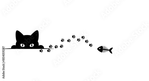 Black cat silhouette peeking over a line leaves a trail of paw prints leading to a fish bone on a white background.