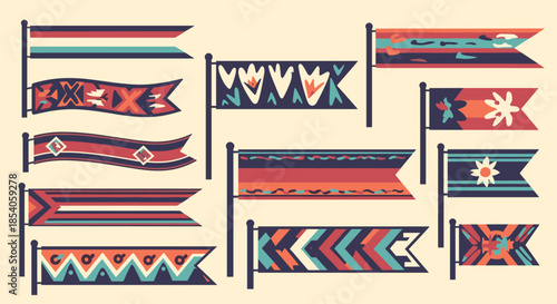 Assortment of colorful tribal banners and flags with various geometric patterns and shapes in a folk art style.