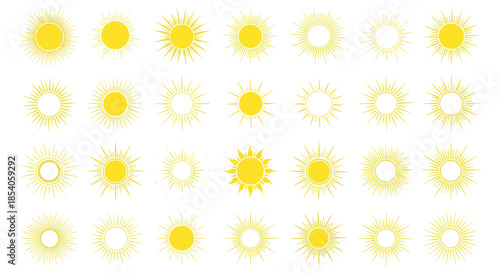 Extensive grid of thirty five yellow sun icons with various ray designs from simple lines to decorative patterns.
