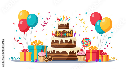 Festive birthday celebration scene featuring a tiered chocolate cake, balloons, gift boxes, and sweets isolated on white background.
