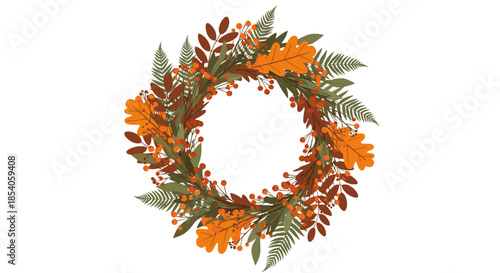 Autumn wreath composed of orange oak leaves green ferns and red berries perfect for festive fall season decorations.