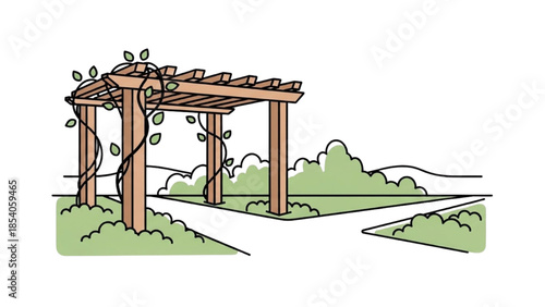 A serene outdoor scene featuring a wooden arbor in a lush garden viewed from the side.