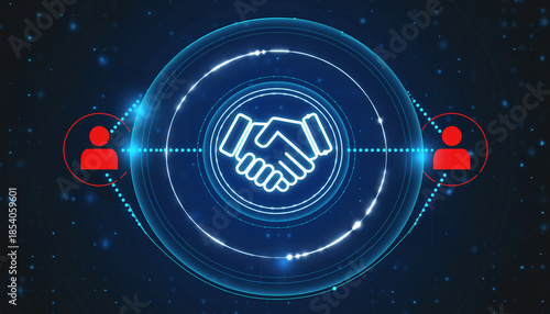 Digital Partnership: A visually striking, digital graphic representing a successful deal, featuring stylized handshake icons and network, against a dark blue background. 