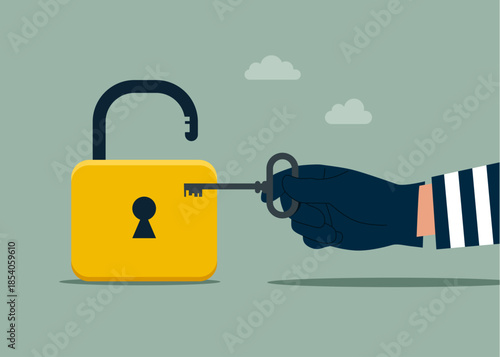 Robber holding key to unlock the lock. Unlock property accessibility. Criminal. Modern vector illustration in flat style
