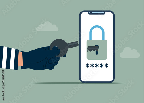 Robber with broken key is confused. Login attempt failed, forgot password, wrong password. Modern vector illustration in flat style