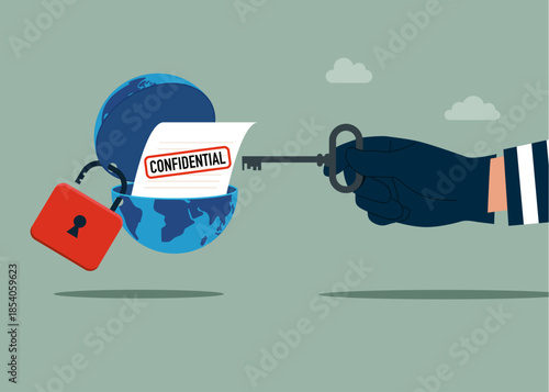 Robber with key open globe to see Confidential document. Locked with padlock globe. Modern flat vector illustration 