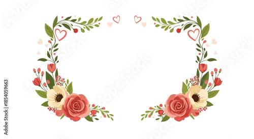 Delicate floral border frame with red roses, pink hearts, and green leaves on white background for wedding and valentine day designs.