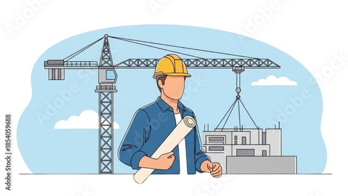 Construction worker reviewing blueprints at a building site with cranes in the background