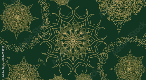 Elegant pattern of golden mandala ornaments with intricate lace designs scattered over a dark green background for premium luxury decor.