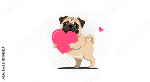 Adorable illustration of a pug puppy dog holding a large pink heart with smaller floating hearts on a light gray dotted background.